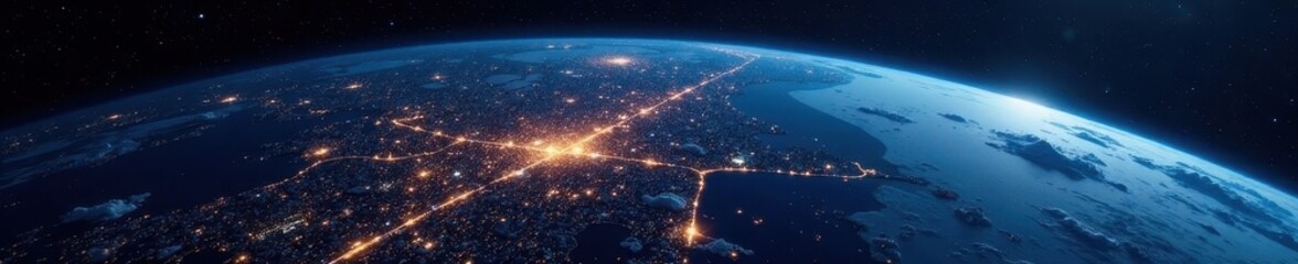 Satellite in Earth's orbit, showcasing city lights at night , cosmos, dark