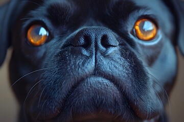 Close-Up Portrait of Curious Pug with Expressive Eyes and Black Fur Texture