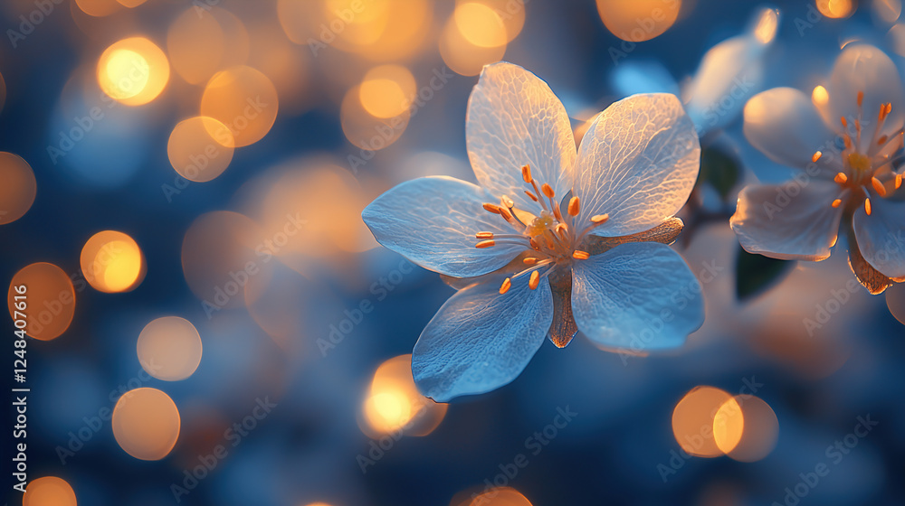 Poster delicate white flower illuminated by warm bokeh lights in a serene evening setting. generative ai