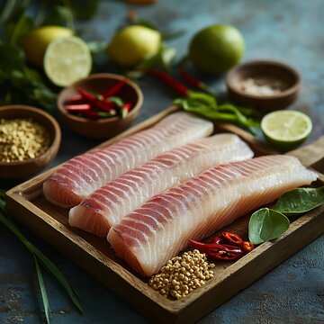 A well-lit, homely kitchen scene with fresh catfish fillets placed on a wooden tray, ready for cooking, alongside ingredients like lemongrass, lime, and chilies, against a soft pastel blue background.