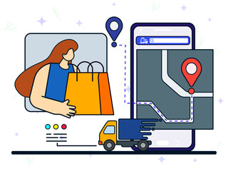 Courier on smartphone concept. Woman received shopping bag for delivery truck. Geolocation, navigation and gps. Logistics and transportation of goods, online shopping. 