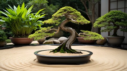 Large bonsai tree is sitting in a small black pot on a sandy area. The tree is surrounded by several other potted plants, creating a peaceful and serene atmosphere