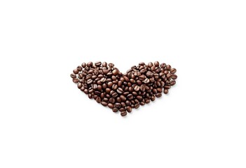 The coffee beans are arranged in a heart shape on a white background
