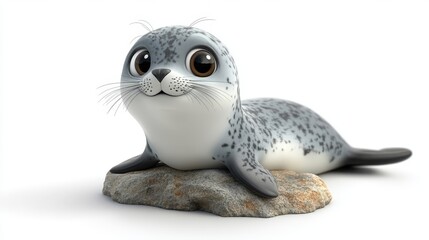 A 3D cartoon seal with big eyes and a playful pose, lounging on a rock on a white background