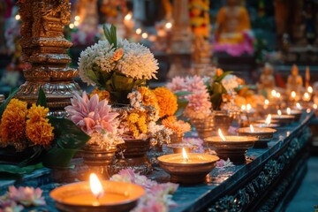 Festive candle lighting ceremony temple photography spiritual environment close-up view cultural tradition