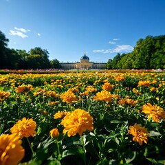 Yellow Flowers Blooming Before Palace in Sunny Day
