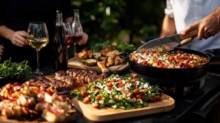Obraz premium A vibrant barbecue with grilled meats, fresh salad, and wine, served on wooden boards. A chef prepares a dish in a skillet
