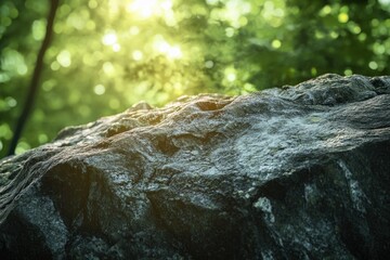 Obraz premium Sunlit rock surface in a lush green forest, serene and peaceful nature scene.