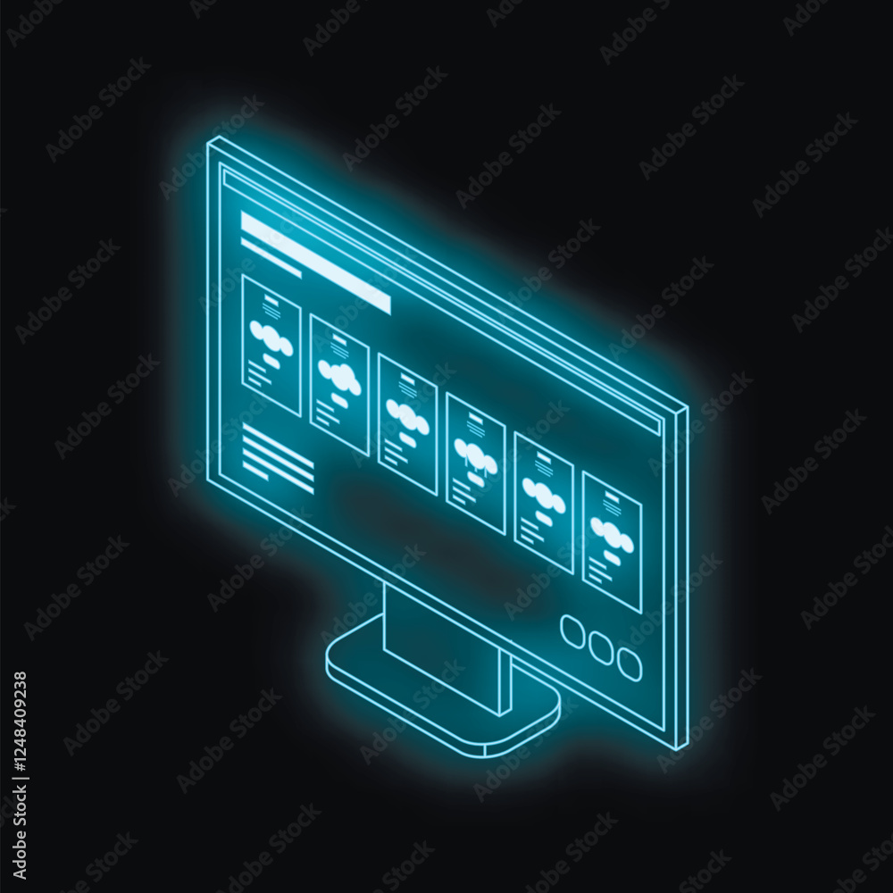 Poster futuristic glowing computer monitor displaying cloud computing data in isometric view