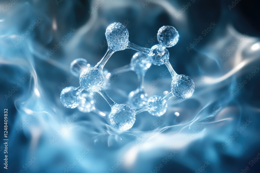 Poster a 3d rendering of a molecule, showcasing its atomic structure and bonds in a mesmerizing blue hue.