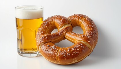 Closeup of fresh salty pretzels with a glass of beer on a white background