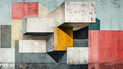Abstract Geometric Composition with Textured Surfaces and Contrasting Colors