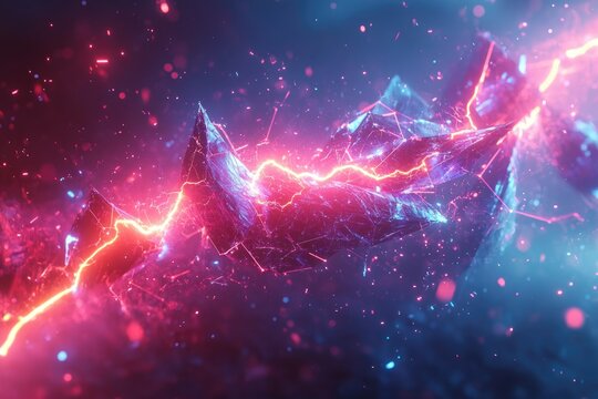 Abstract art depicting glowing, fractured crystals with neon pink and blue energy flowing through them.