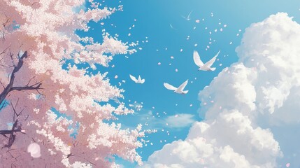 peaceful spring sky with cherry blossoms and birds