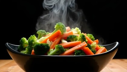 Un cuenco negro lleno de una colorida variedad de verduras al vapor, incluidos br&oacute;coli y zanahorias, que emite vapor