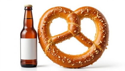 Closeup of fresh salty pretzels with a cold bottle of beer on a white background