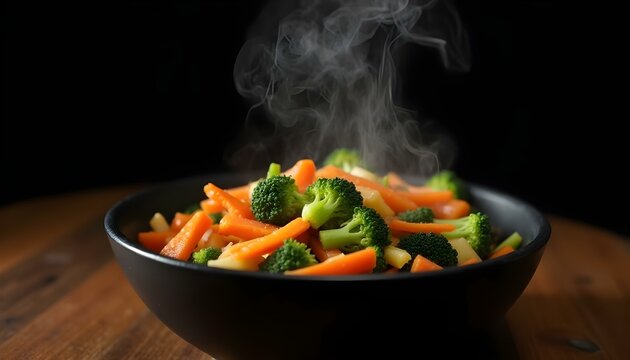 Un cuenco negro lleno de una colorida variedad de verduras al vapor, incluidos br&oacute;coli y zanahorias, que emite vapor