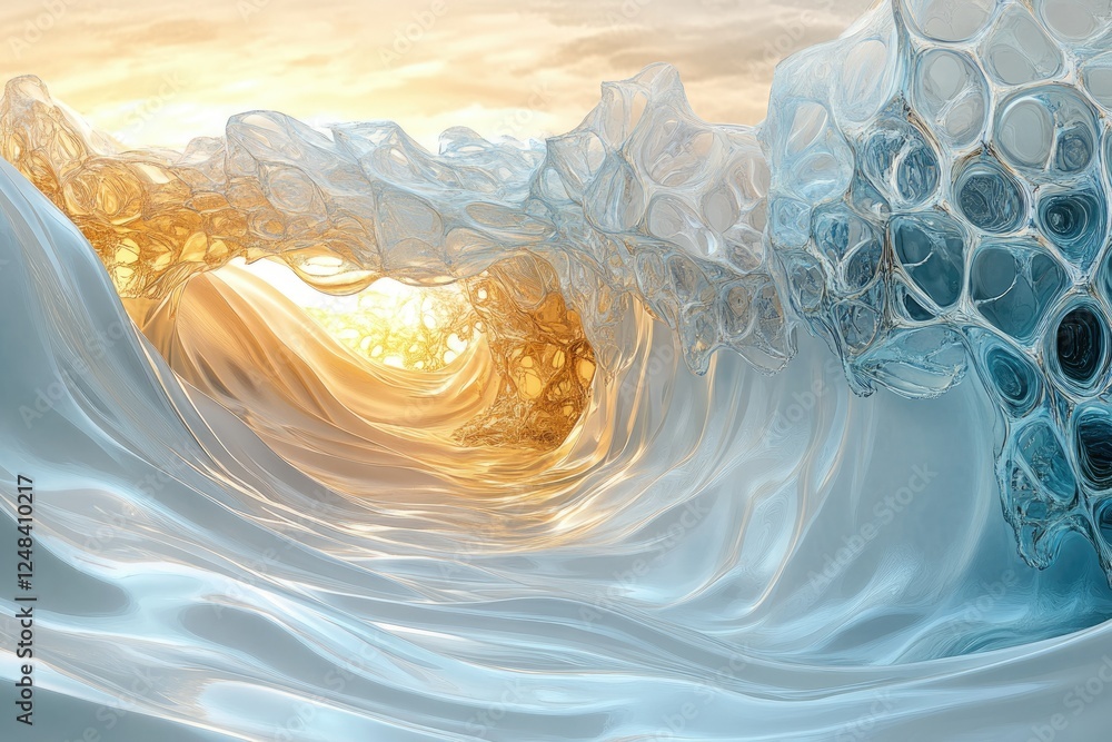 Poster abstract art depicting a wave-like structure with a golden interior, showcasing a blend of light and