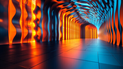 Obraz premium abstract dark futuristic room with orange and blue lighting 3d render illustration