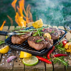 Grilling juicy steaks with fresh herbs outdoors
