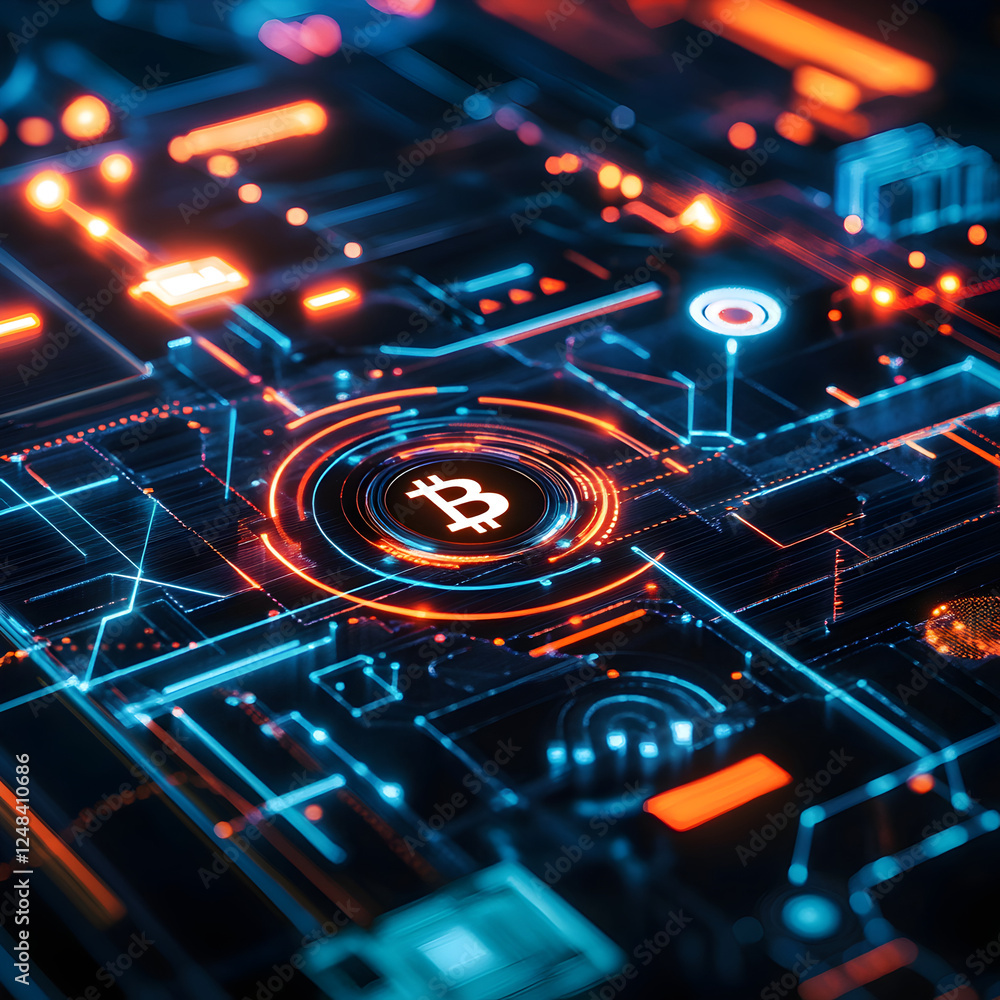 Poster bitcoin circuitry: a stylized digital rendering of a bitcoin symbol embedded within a complex networ