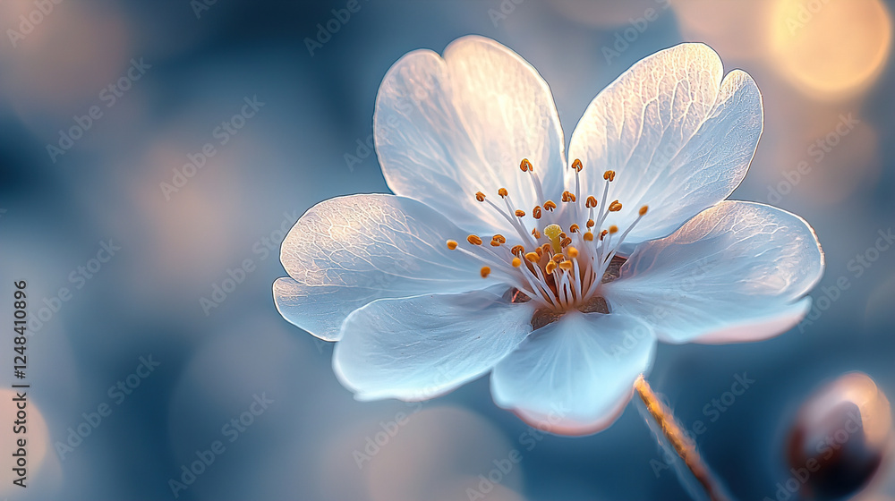 Poster delicate white blossom illuminated by soft light in a tranquil natural setting during springtime. ge