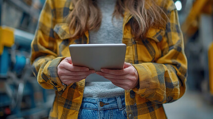 Woman in checked shirt using tablet in industrial setting with machinery and storage in the background. Generative AI