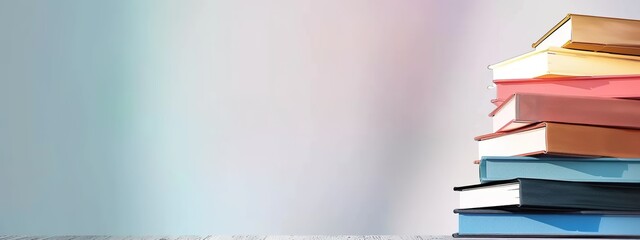 A stack of colorful books on the right side with a blurred white background, creating a clean advertisement banner design with a focus on simplicity colors, perfect for education, knowledge, ,reading