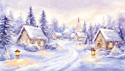 Watercolor painting depicting a quaint village in winter snow
