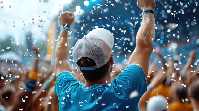 A cinematic view of an exhilarating festival crowd in dynamic motion with a vibrant atmosphere of revelry  The scene is filled with energy color and a sense of joyful euphoria