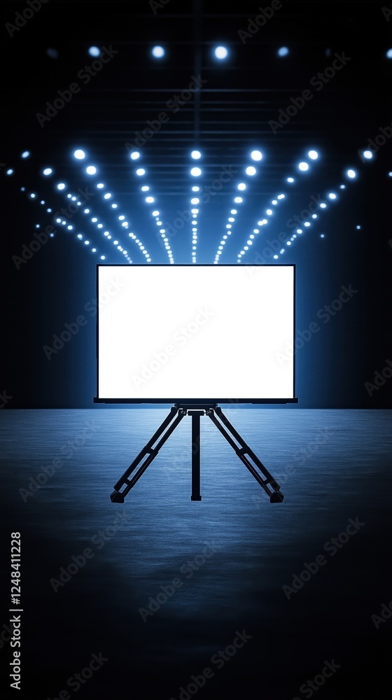 Poster a blank screen illuminated by beams of light, creating a dramatic effect in a dark setting.