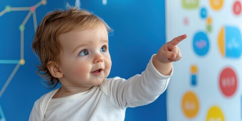 Curious baby pointing at colorful wall indoor playroom photography engaging environment close-up shot exploration concept