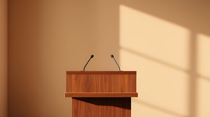 Podium with microphones on it is empty. The room is empty and the podium is in the center of the room