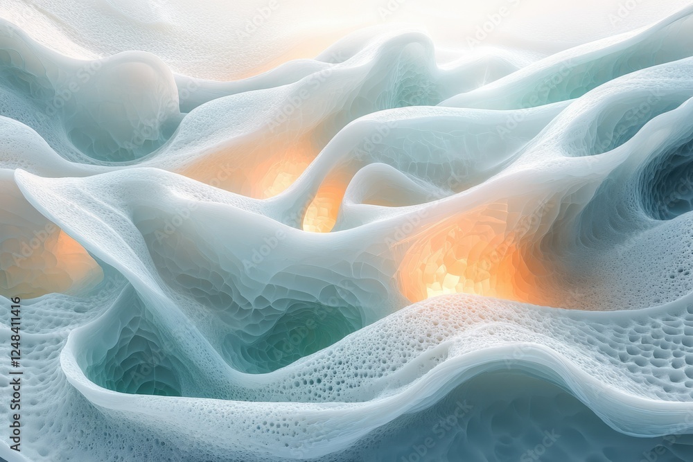 Poster abstract 3d rendering of a surreal, organic landscape with flowing, textured forms and warm light gl