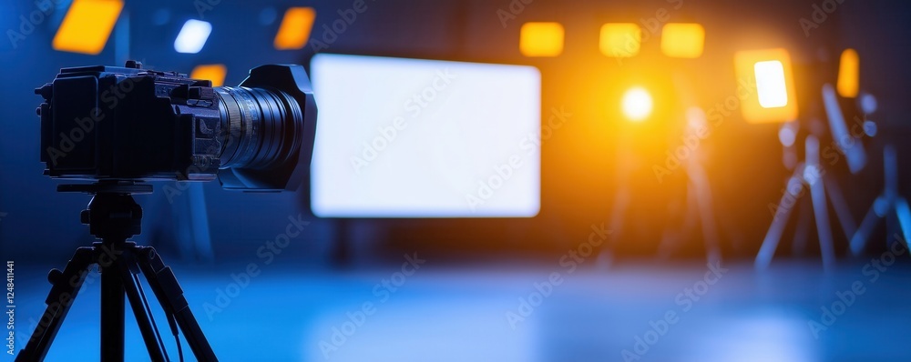 Poster a camera on a tripod with bright studio lights and a blank screen in the background, creating a prof