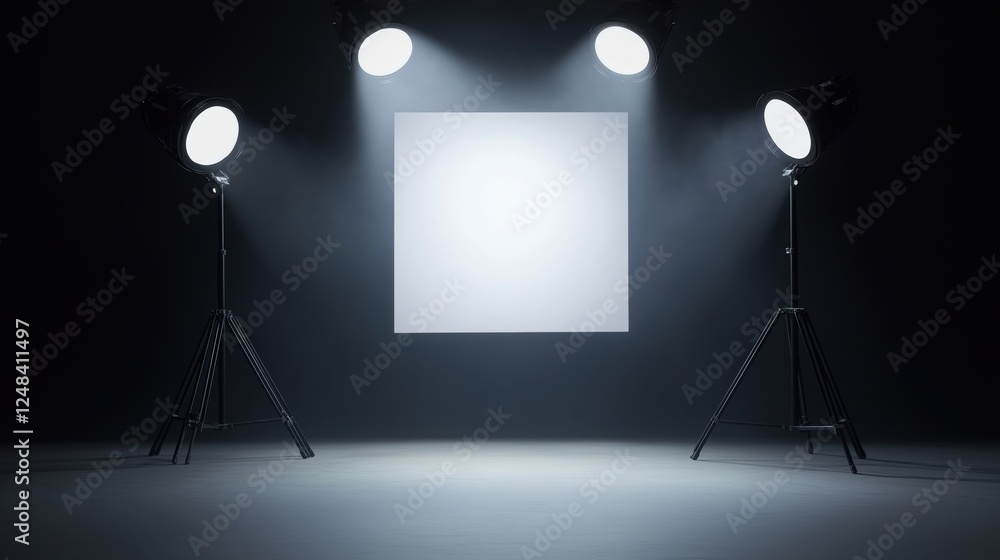 Poster a stage setup with bright lights illuminating a blank canvas in a dark space, creating a dramatic an