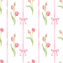 Tulips and a bow - seamless pattern. Spring girly pattern for fabric or wallpaper or holiday packaging. Watercolor illustration is hand drawn and isolated from the background.
