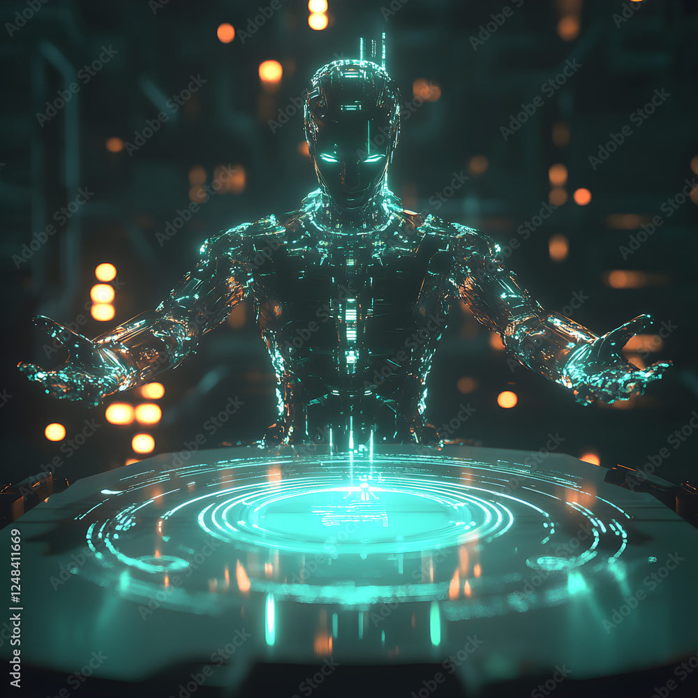 Poster digital oracle: an ethereal android stands before a glowing, futuristic interface, its presence radi
