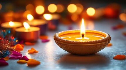 A single lit diya surrounded by candles and petals