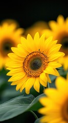 Obraz premium Bright sunflowers bloom against a dark background, showcasing their vibrant yellow petals and rich centers, symbolizing warmth and positivity.