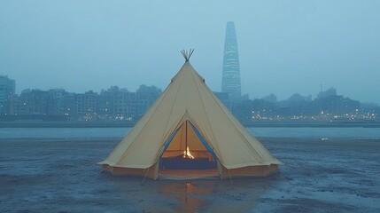 Obraz premium Urban Camping: A Teepee by the Cityscape