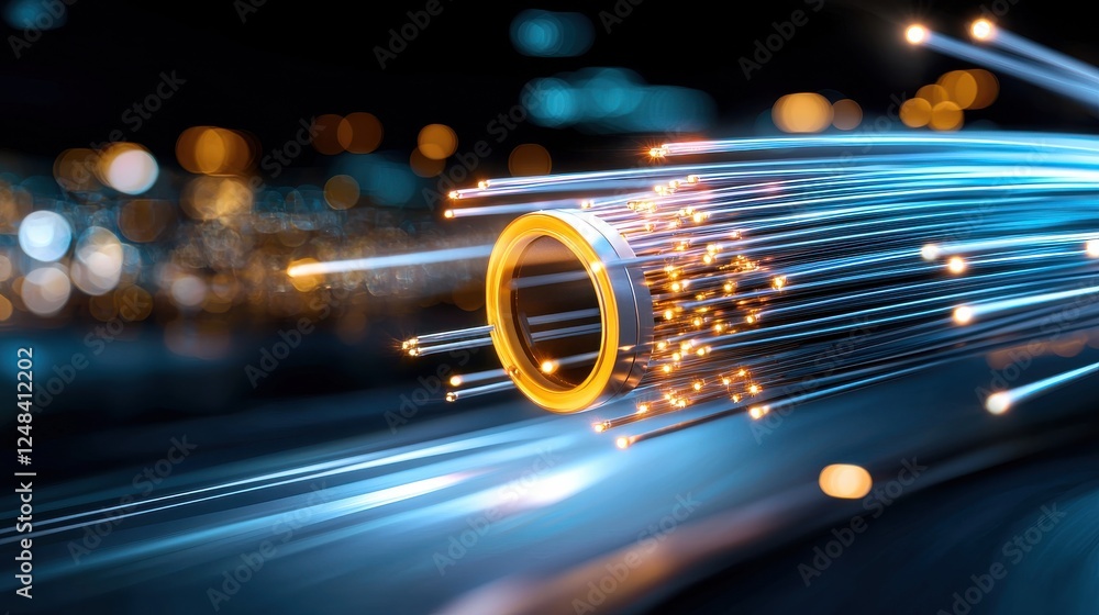 Poster a dynamic and futuristic visualization of optical fiber technology showcasing the flow of energy lig