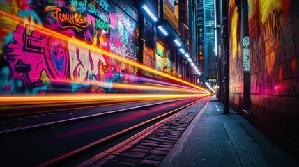 City night street light trails graffiti art