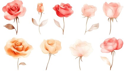 Watercolor roses in various shades of pink and orange bloom