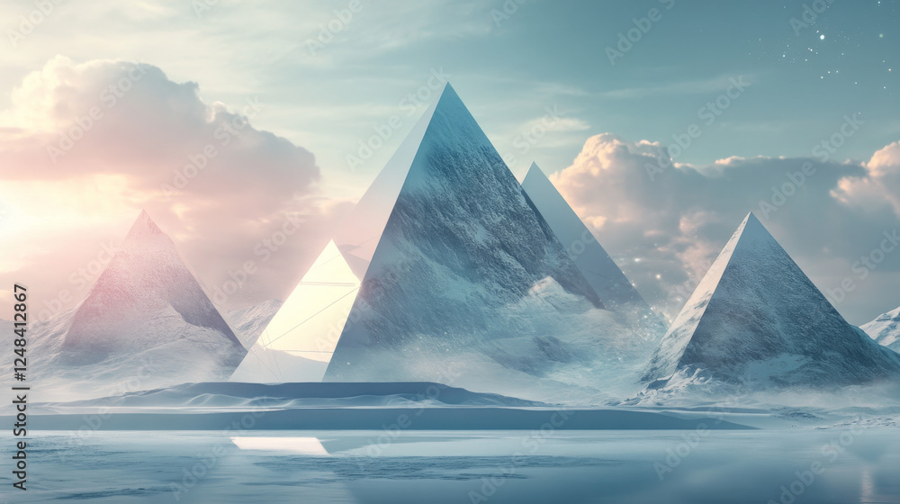 Poster abstract shape minimalistic futuristic landscape with polygon trinagular metal shape 3d render illus