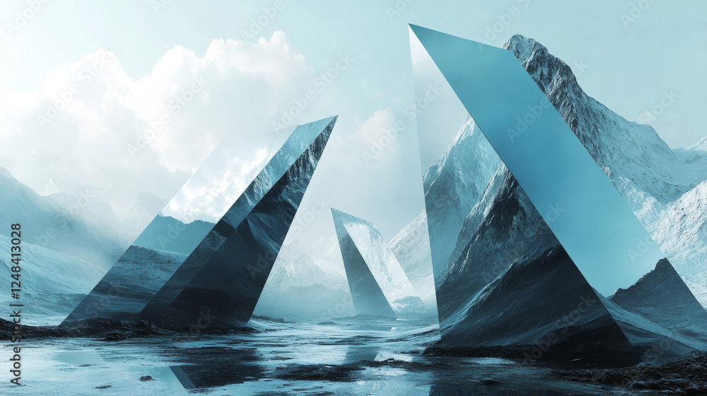 Poster abstract shape minimalistic futuristic landscape with polygon trinagular metal shape 3d render illus