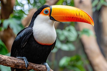 Fototapeta premium Red-breasted Toucan Perched on Branch, Showcasing Colorful Plumage