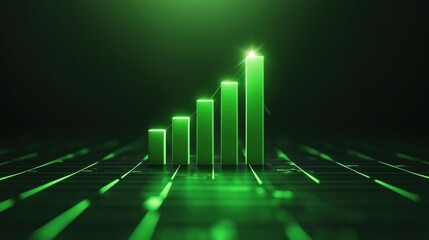 A green bar chart representing growth, with increasing vertical bars set against a dark background, symbolizing data analysis and financial success.