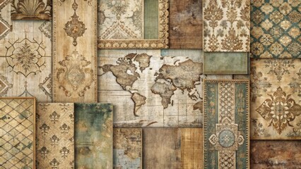 A Vintage World Map Collage Featuring Intricate Ornate Patterns and Distressed Textures in Earthy Tones