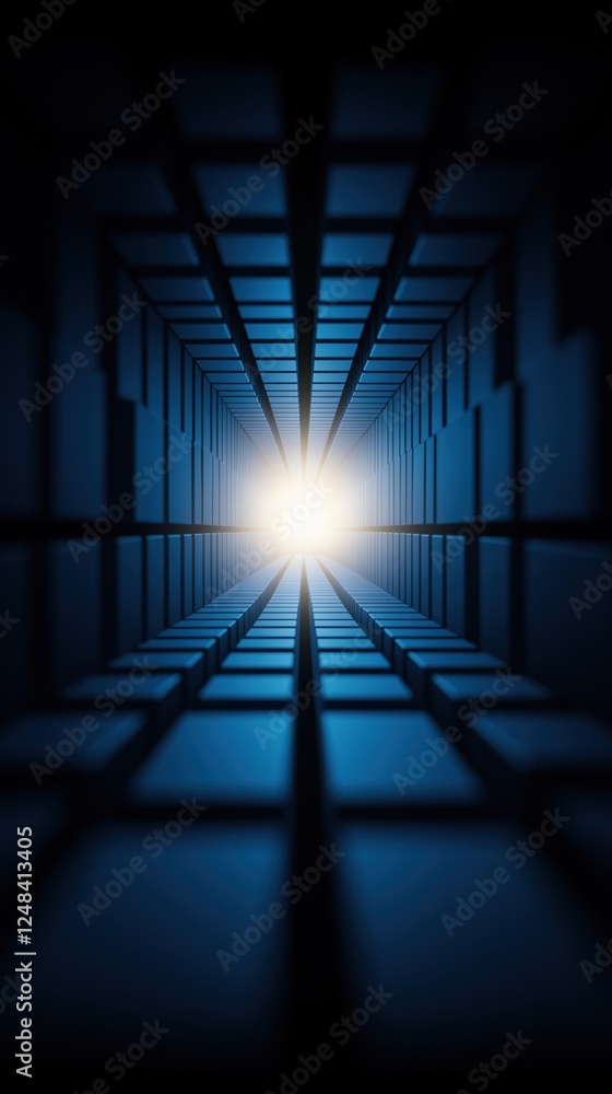 Poster a mesmerizing tunnel of blue grids leading to a bright light at the end, creating a sense of depth a